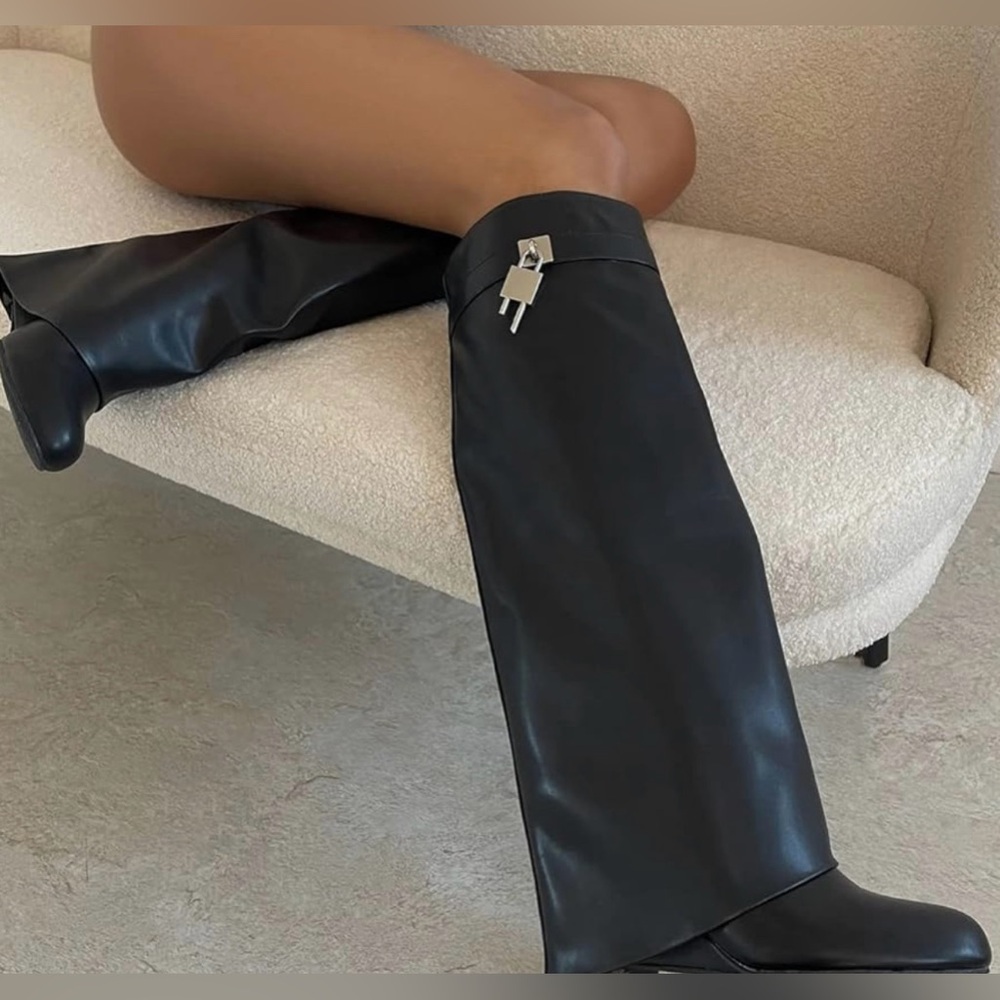 NEW IN BOX Black Fold Over Wedge Heel Wide Calf Pull On Knee High Boots Size 10 - Picture 7 of 16
